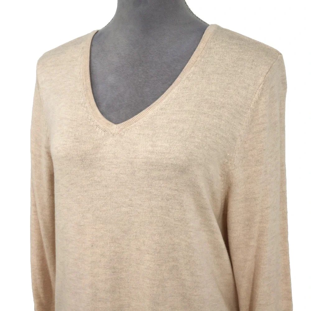 Chicos Sweater 2 Womens Large Beige Tan Cotton Blend Lace Hem Pullover Coastal